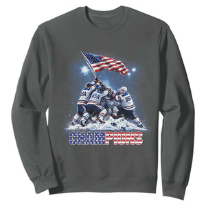 USA Ice Hockey Sweatshirt Hockey Champions 2026 USA Players Raising Flag On Ice TS10 Dark Heather Print Your Wear