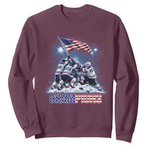 USA Ice Hockey Sweatshirt Hockey Champions 2026 USA Players Raising Flag On Ice TS10 Maroon Print Your Wear