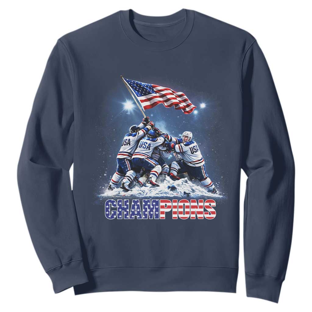 USA Ice Hockey Sweatshirt Hockey Champions 2026 USA Players Raising Flag On Ice TS10 Navy Print Your Wear