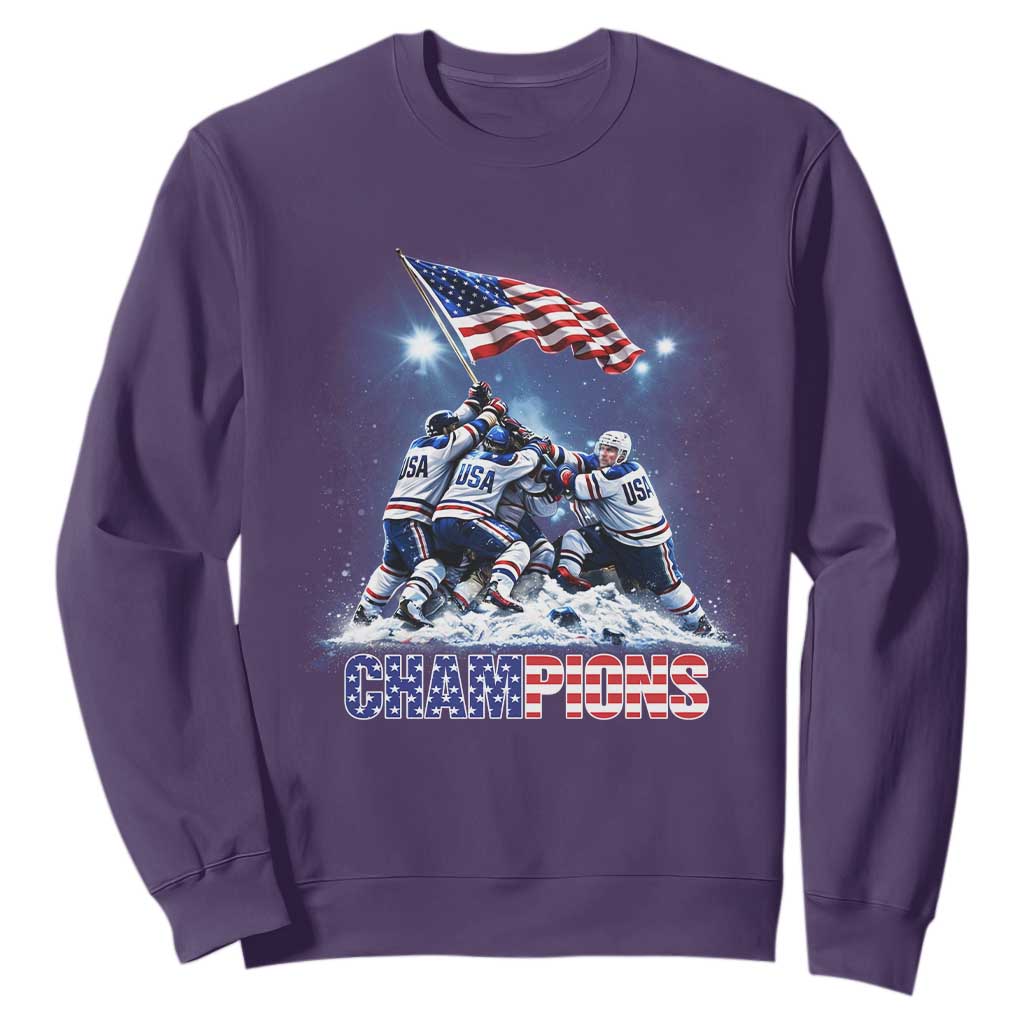 USA Ice Hockey Sweatshirt Hockey Champions 2026 USA Players Raising Flag On Ice TS10 Purple Print Your Wear