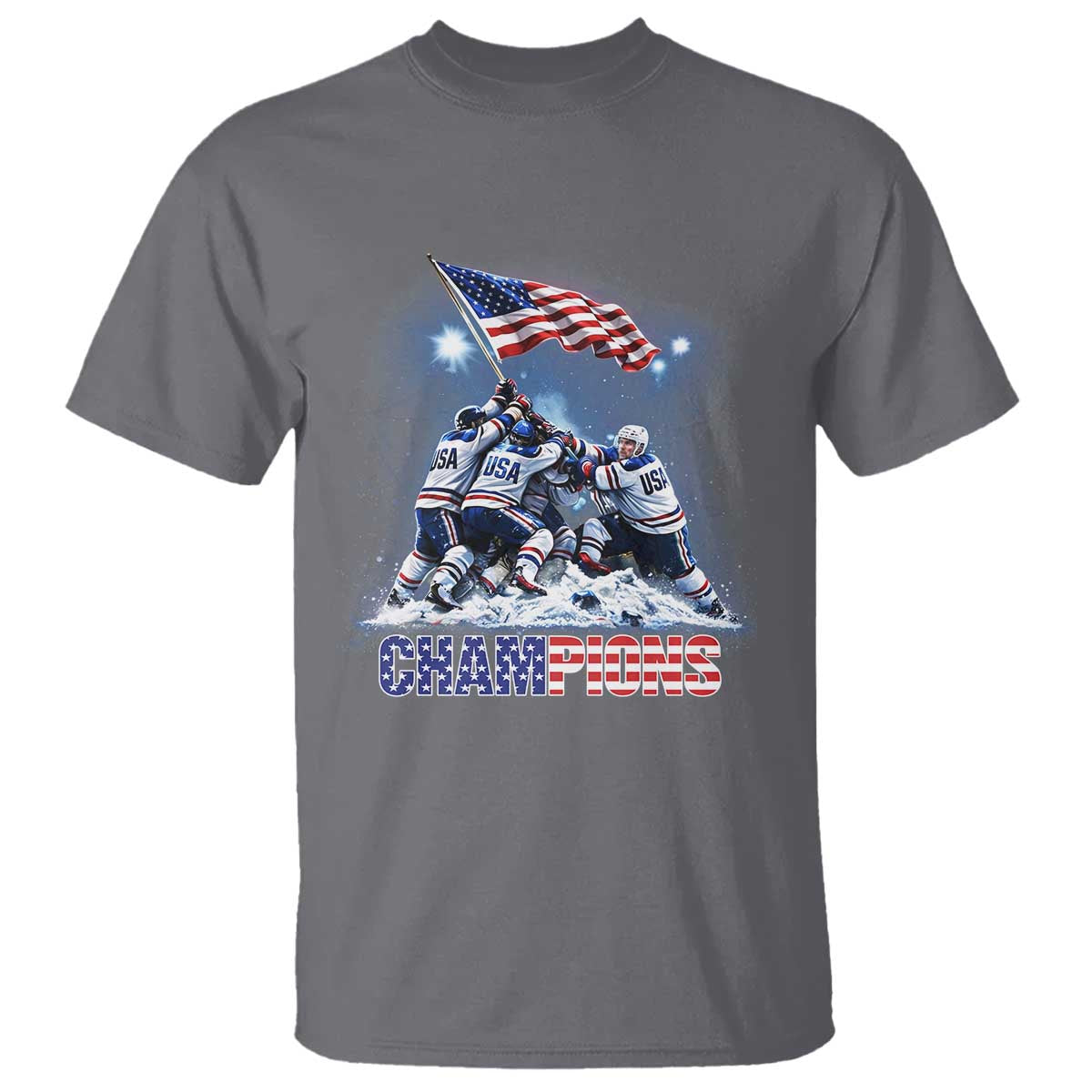 USA Ice Hockey T Shirt Hockey Champions 2026 USA Players Raising Flag On Ice TS10 Charcoal Print Your Wear