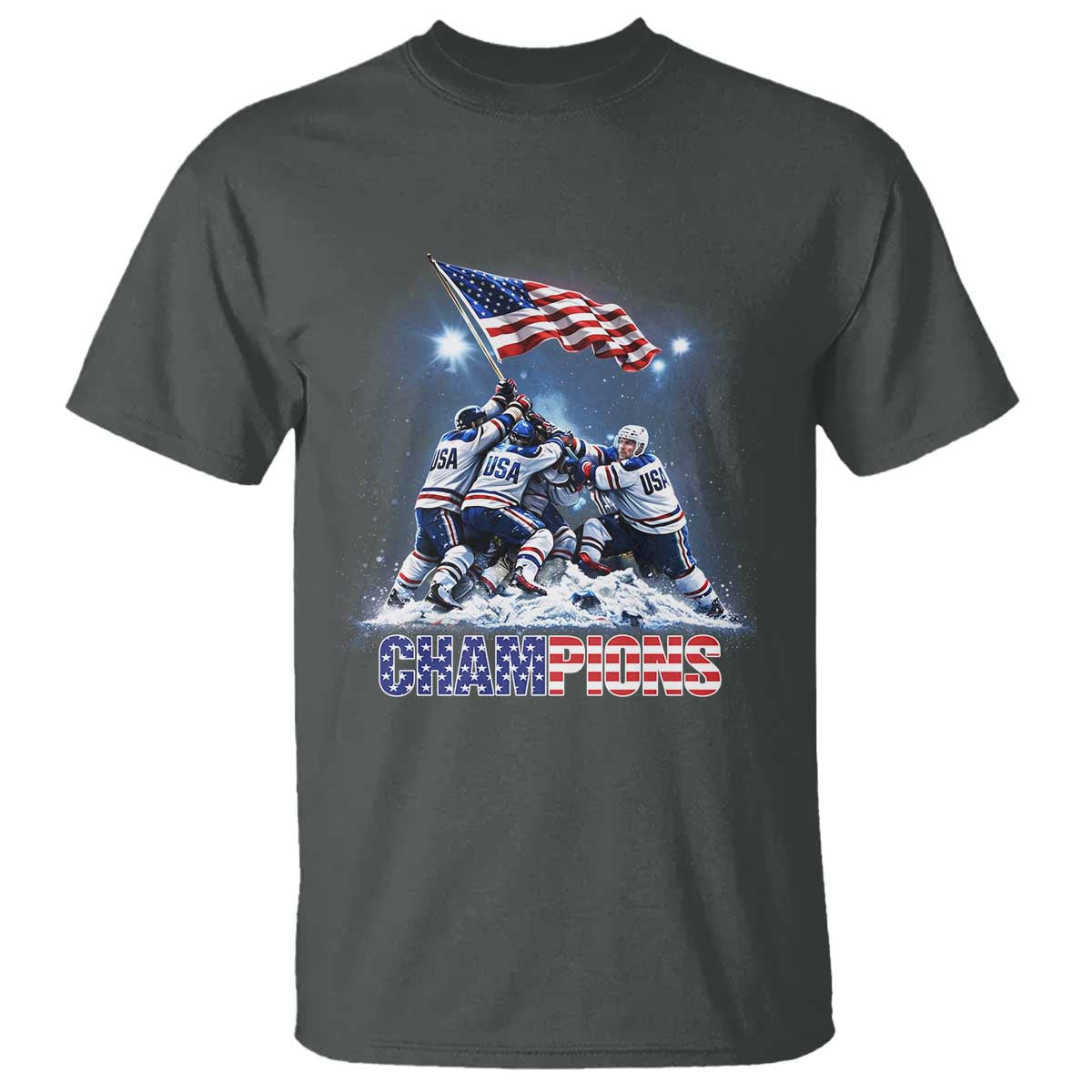 USA Ice Hockey T Shirt Hockey Champions 2026 USA Players Raising Flag On Ice TS10 Dark Heather Print Your Wear