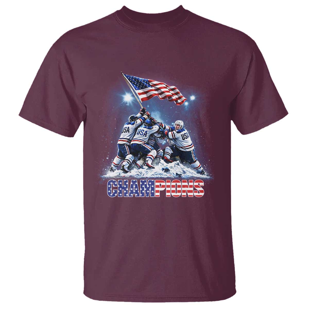 USA Ice Hockey T Shirt Hockey Champions 2026 USA Players Raising Flag On Ice TS10 Maroon Print Your Wear