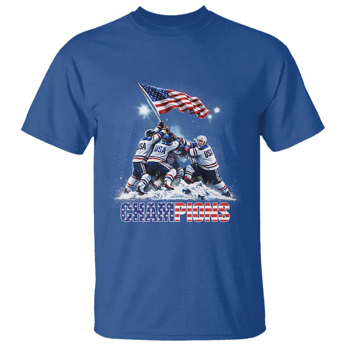 USA Ice Hockey T Shirt Hockey Champions 2026 USA Players Raising Flag On Ice TS10 Royal Blue Print Your Wear