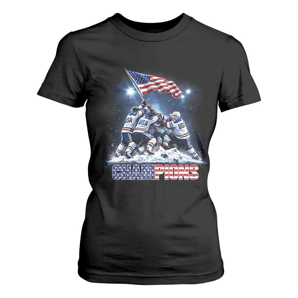 USA Ice Hockey T Shirt For Women Hockey Champions 2026 USA Players Raising Flag On Ice TS10 Black Print Your Wear