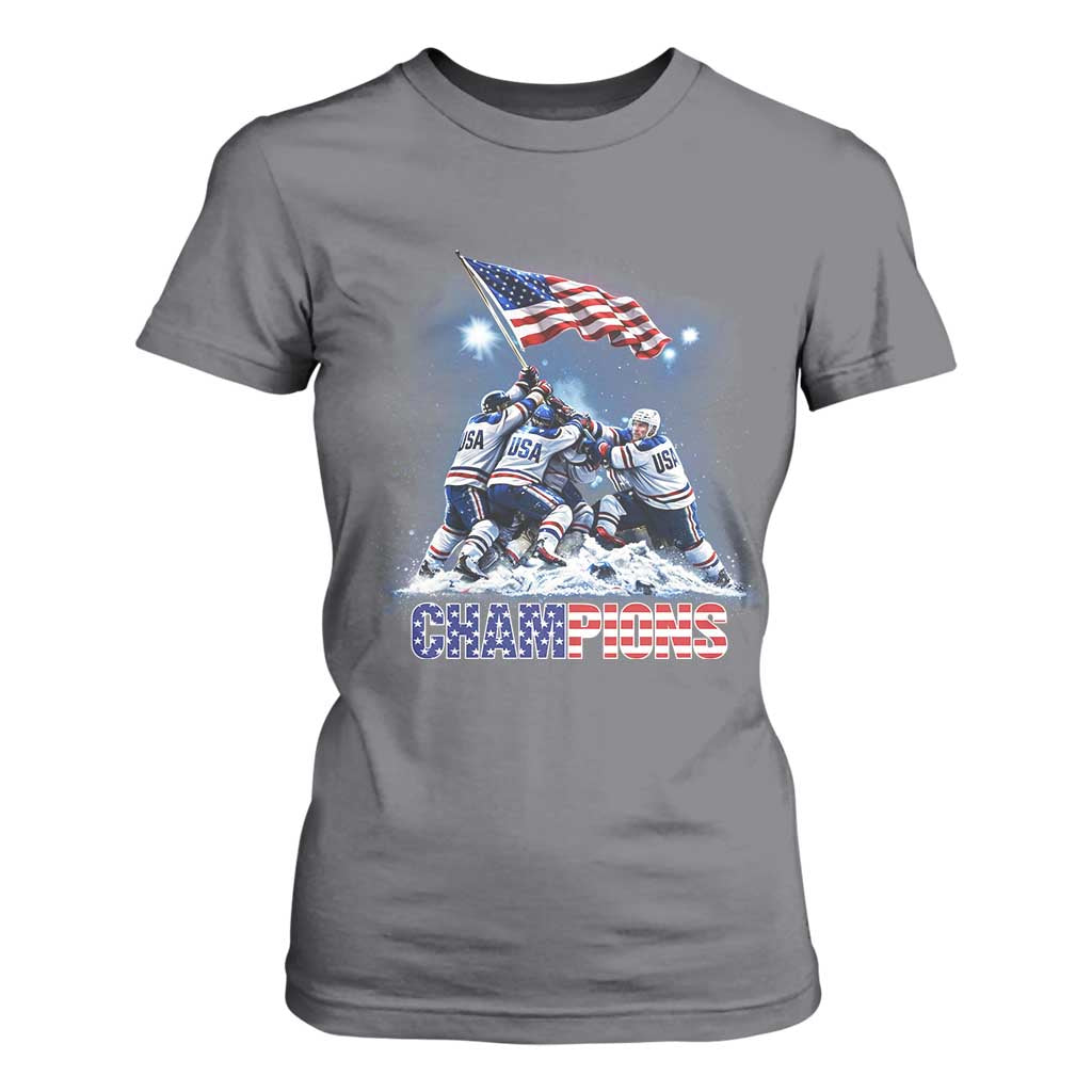 USA Ice Hockey T Shirt For Women Hockey Champions 2026 USA Players Raising Flag On Ice TS10 Charcoal Print Your Wear