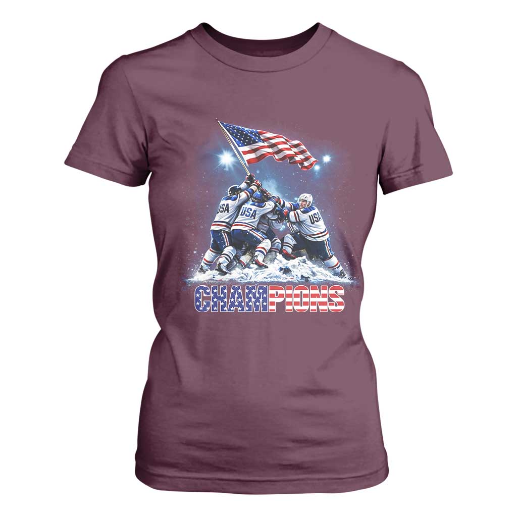 USA Ice Hockey T Shirt For Women Hockey Champions 2026 USA Players Raising Flag On Ice TS10 Maroon Print Your Wear