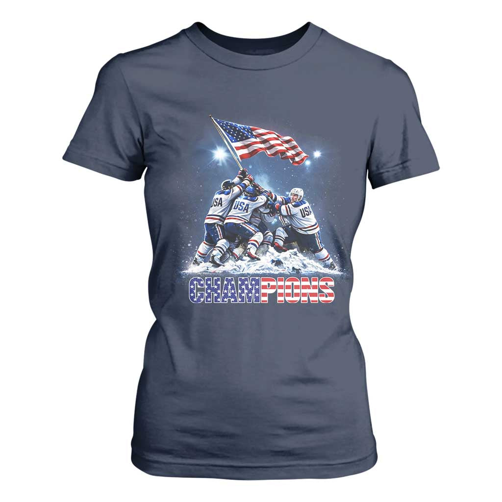 USA Ice Hockey T Shirt For Women Hockey Champions 2026 USA Players Raising Flag On Ice TS10 Navy Print Your Wear
