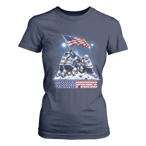 USA Ice Hockey T Shirt For Women Hockey Champions 2026 USA Players Raising Flag On Ice TS10 Navy Print Your Wear