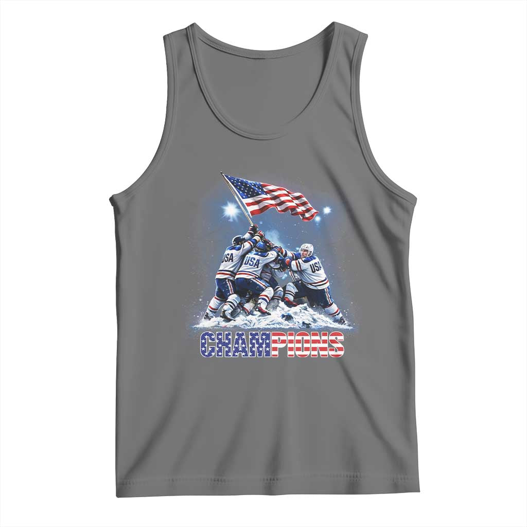 USA Ice Hockey Tank Top Hockey Champions 2026 USA Players Raising Flag On Ice TS10 Black Heather Print Your Wear