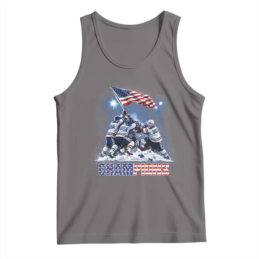 USA Ice Hockey Tank Top Hockey Champions 2026 USA Players Raising Flag On Ice TS10 Deep Heather Print Your Wear