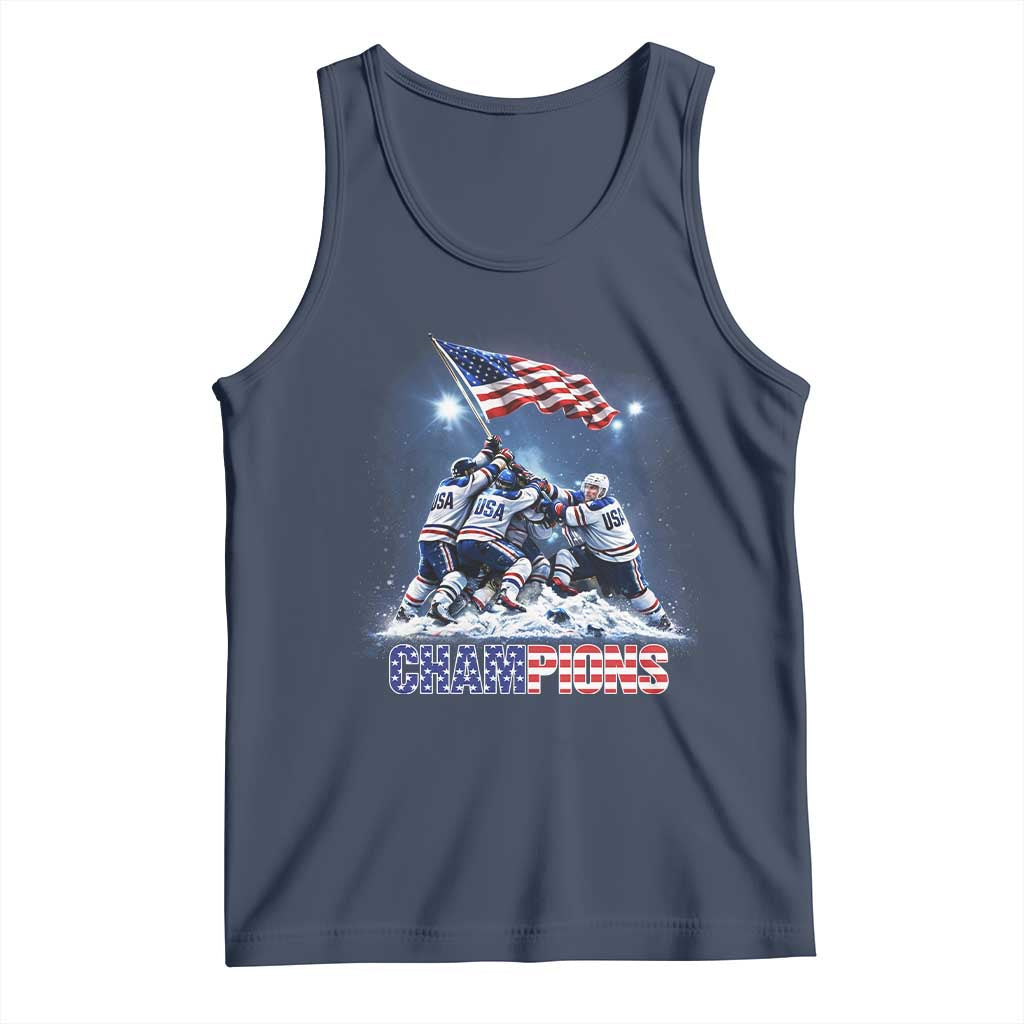 USA Ice Hockey Tank Top Hockey Champions 2026 USA Players Raising Flag On Ice TS10 Navy Print Your Wear