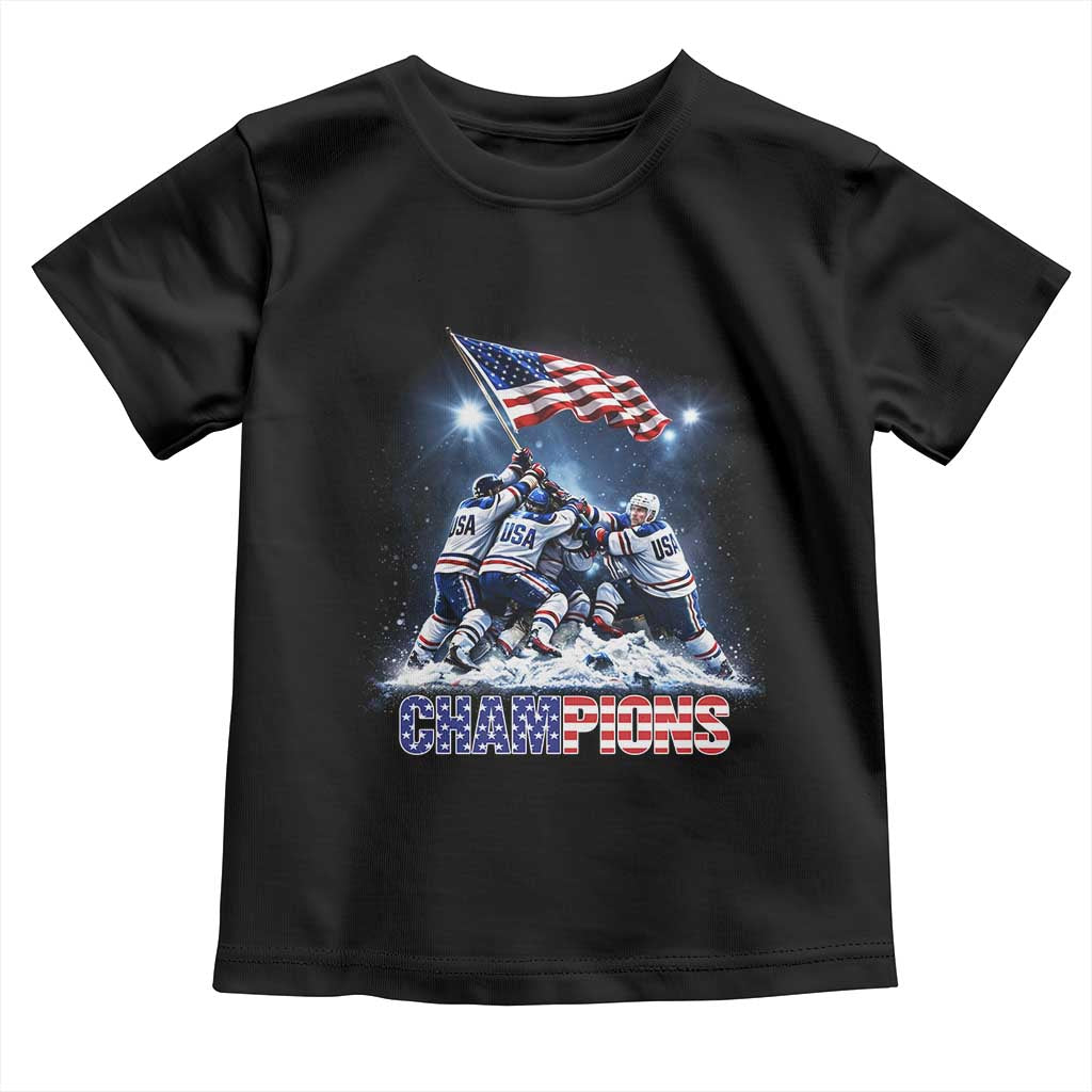 USA Ice Hockey Toddler T Shirt Hockey Champions 2026 USA Players Raising Flag On Ice TS10 Black Print Your Wear