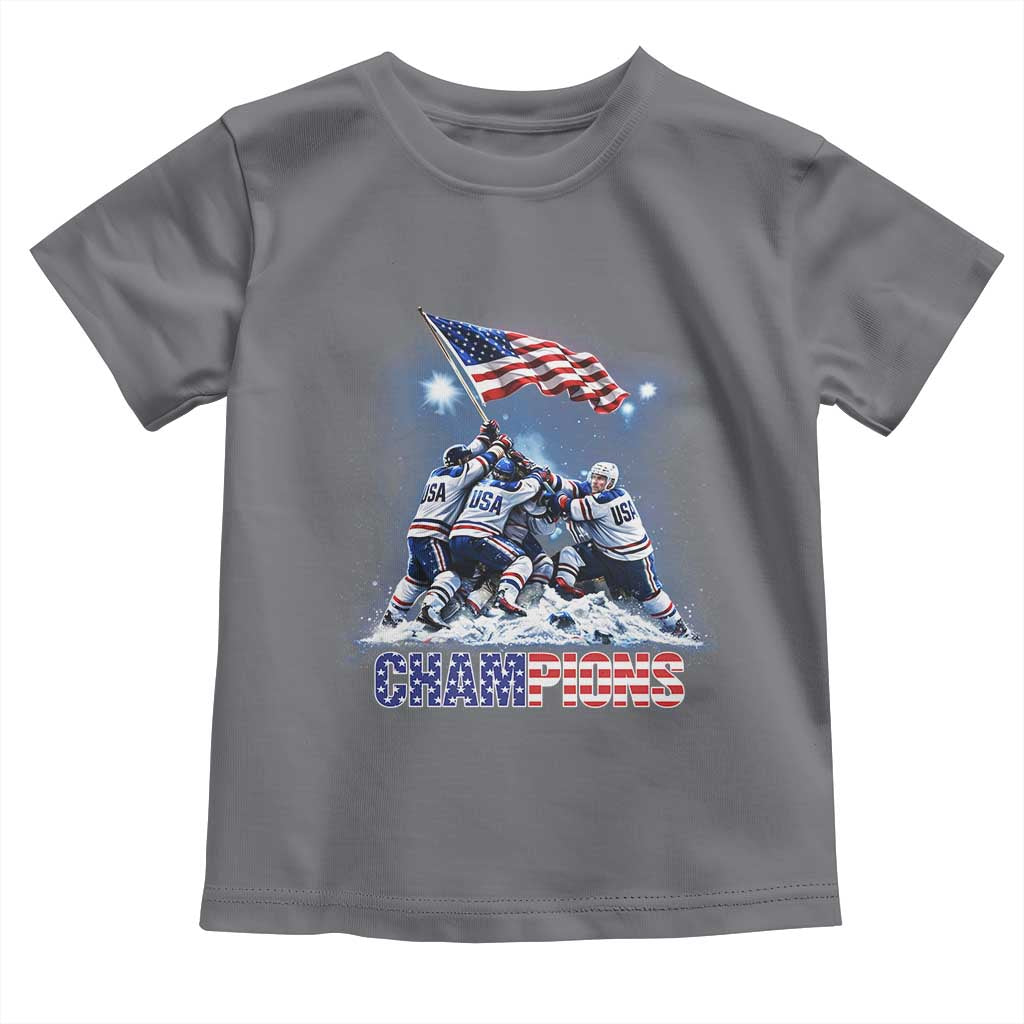 USA Ice Hockey Toddler T Shirt Hockey Champions 2026 USA Players Raising Flag On Ice TS10 Charcoal Print Your Wear