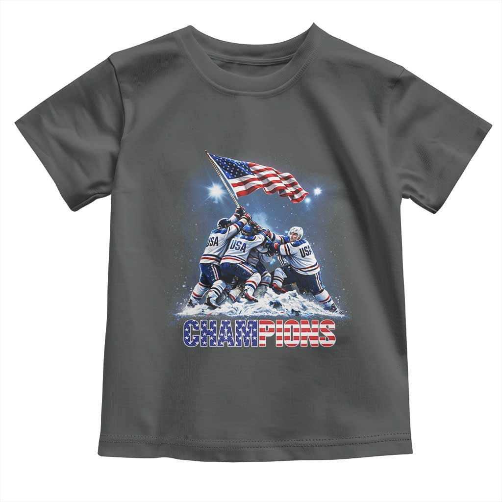 USA Ice Hockey Toddler T Shirt Hockey Champions 2026 USA Players Raising Flag On Ice TS10 Dark Heather Print Your Wear