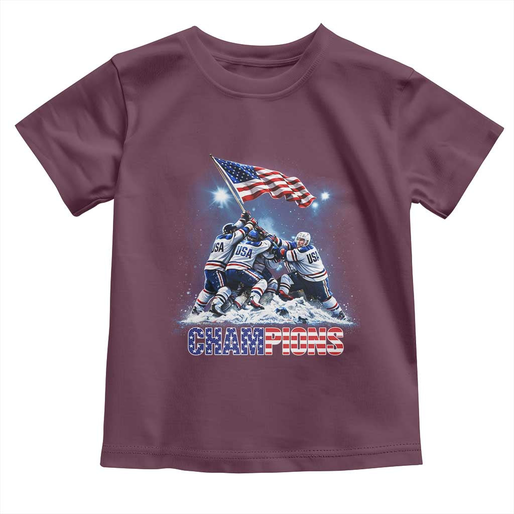USA Ice Hockey Toddler T Shirt Hockey Champions 2026 USA Players Raising Flag On Ice TS10 Maroon Print Your Wear