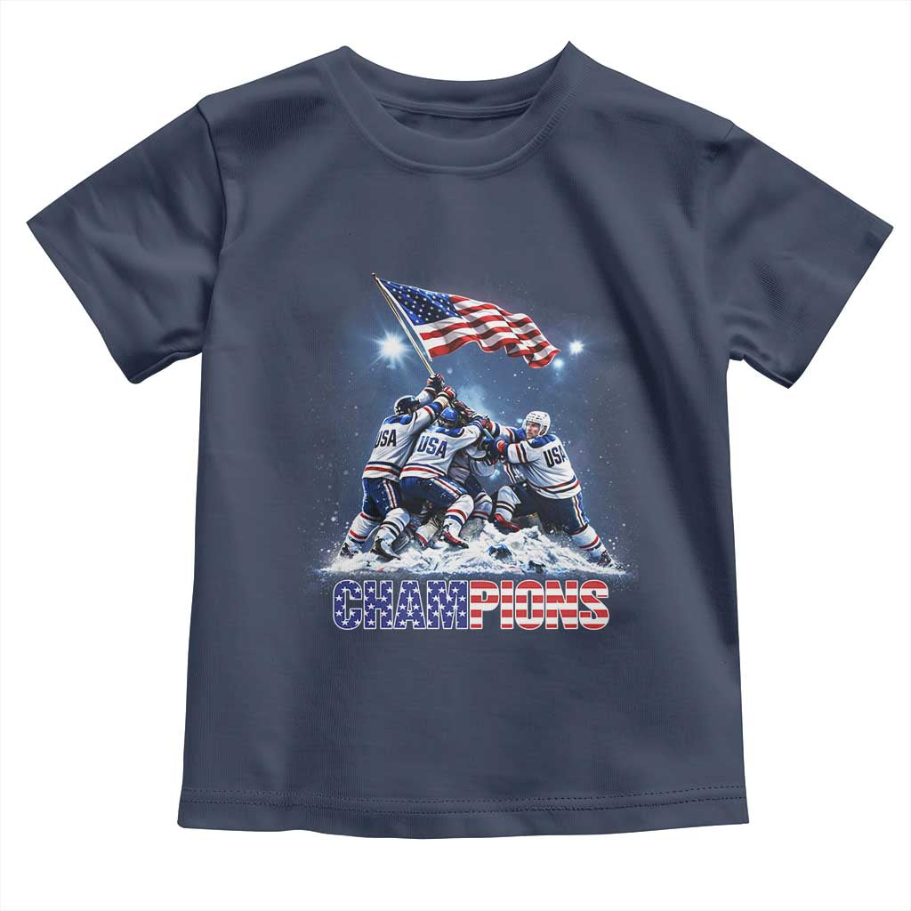 USA Ice Hockey Toddler T Shirt Hockey Champions 2026 USA Players Raising Flag On Ice TS10 Navy Print Your Wear