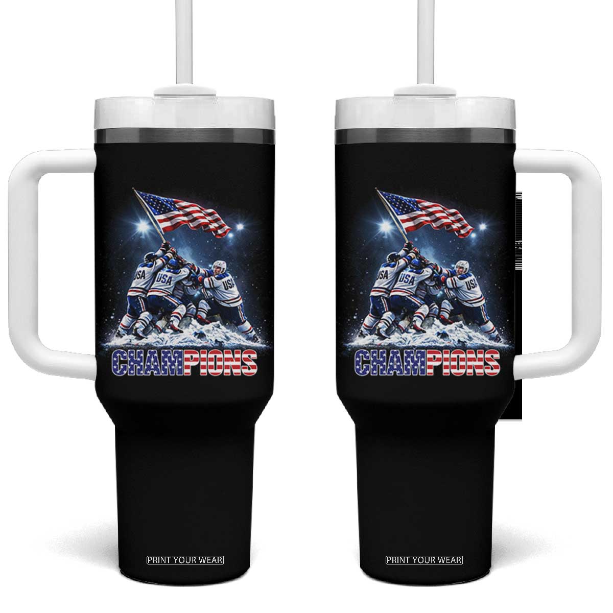 USA Ice Hockey Tumbler With Handle Hockey Champions 2026 USA Players Raising Flag On Ice TS10 One Size: 40 oz Black Print Your Wear