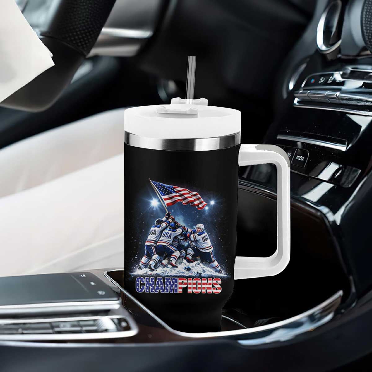 USA Ice Hockey Tumbler With Handle Hockey Champions 2026 USA Players Raising Flag On Ice TS10 Print Your Wear