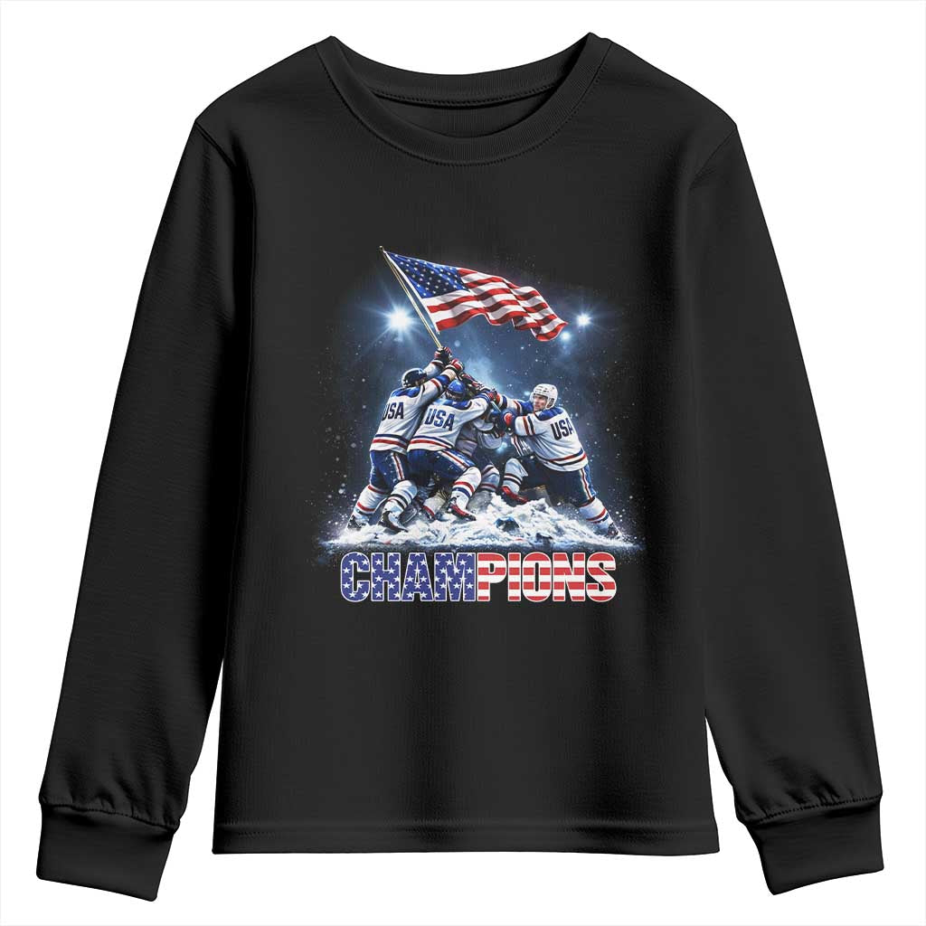 USA Ice Hockey Youth Sweatshirt Hockey Champions 2026 USA Players Raising Flag On Ice TS10 Black Print Your Wear