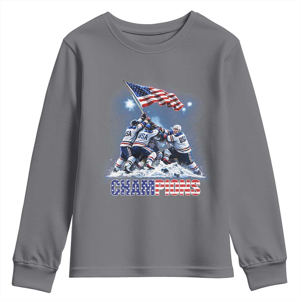 USA Ice Hockey Youth Sweatshirt Hockey Champions 2026 USA Players Raising Flag On Ice TS10 Charcoal Print Your Wear