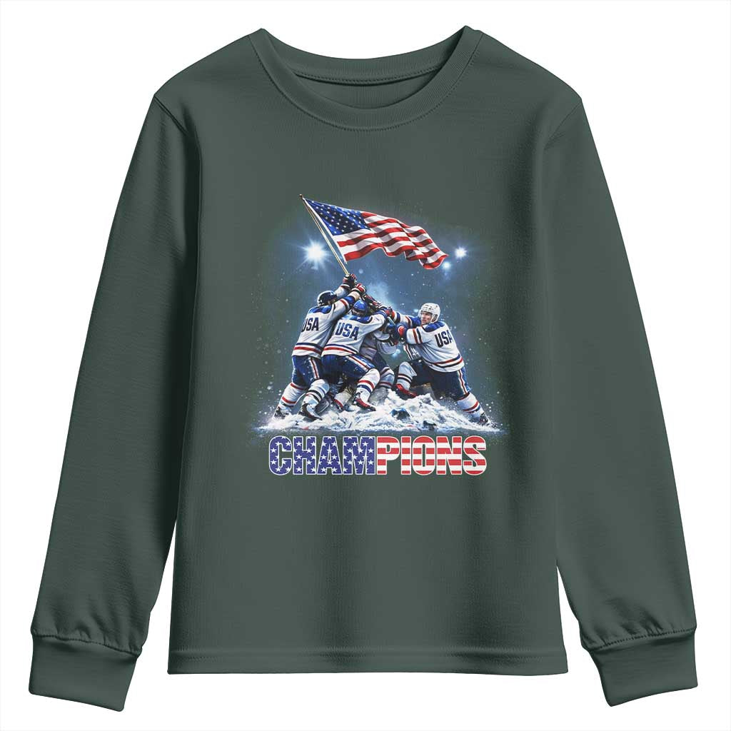 USA Ice Hockey Youth Sweatshirt Hockey Champions 2026 USA Players Raising Flag On Ice TS10 Dark Forest Green Print Your Wear