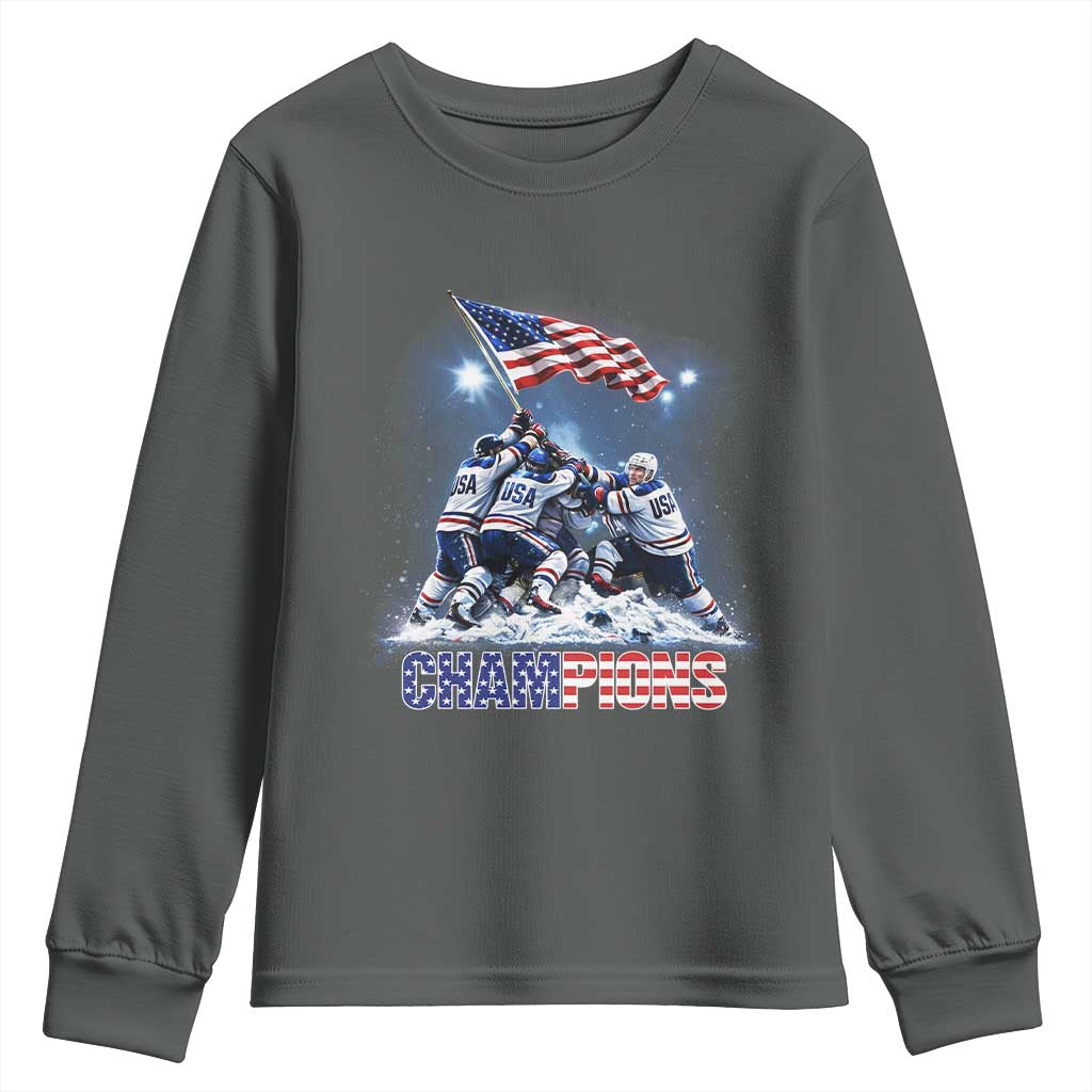 USA Ice Hockey Youth Sweatshirt Hockey Champions 2026 USA Players Raising Flag On Ice TS10 Dark Heather Print Your Wear