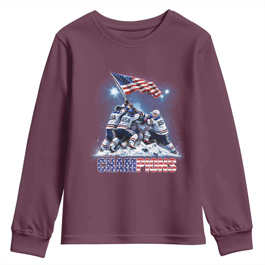 USA Ice Hockey Youth Sweatshirt Hockey Champions 2026 USA Players Raising Flag On Ice TS10 Maroon Print Your Wear