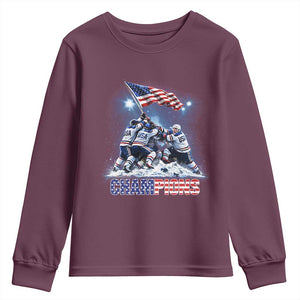 USA Ice Hockey Youth Sweatshirt Hockey Champions 2026 USA Players Raising Flag On Ice TS10 Maroon Print Your Wear