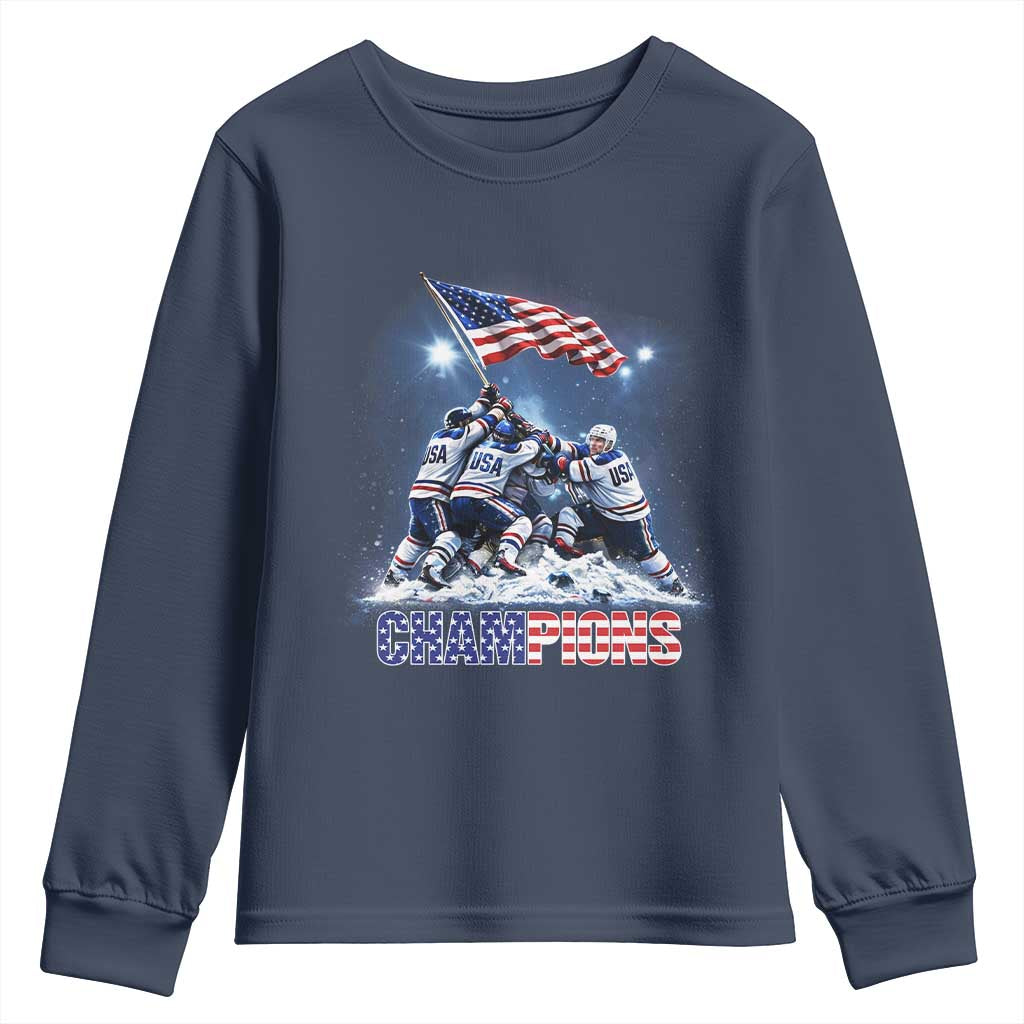 USA Ice Hockey Youth Sweatshirt Hockey Champions 2026 USA Players Raising Flag On Ice TS10 Navy Print Your Wear