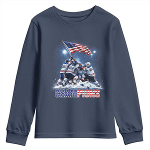 USA Ice Hockey Youth Sweatshirt Hockey Champions 2026 USA Players Raising Flag On Ice TS10 Navy Print Your Wear