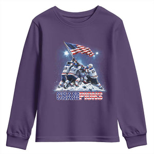 USA Ice Hockey Youth Sweatshirt Hockey Champions 2026 USA Players Raising Flag On Ice TS10 Purple Print Your Wear