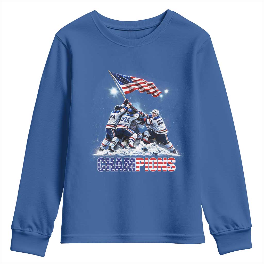 USA Ice Hockey Youth Sweatshirt Hockey Champions 2026 USA Players Raising Flag On Ice TS10 Royal Blue Print Your Wear
