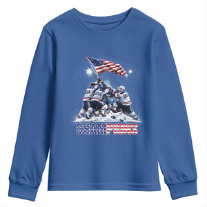 USA Ice Hockey Youth Sweatshirt Hockey Champions 2026 USA Players Raising Flag On Ice TS10 Royal Blue Print Your Wear