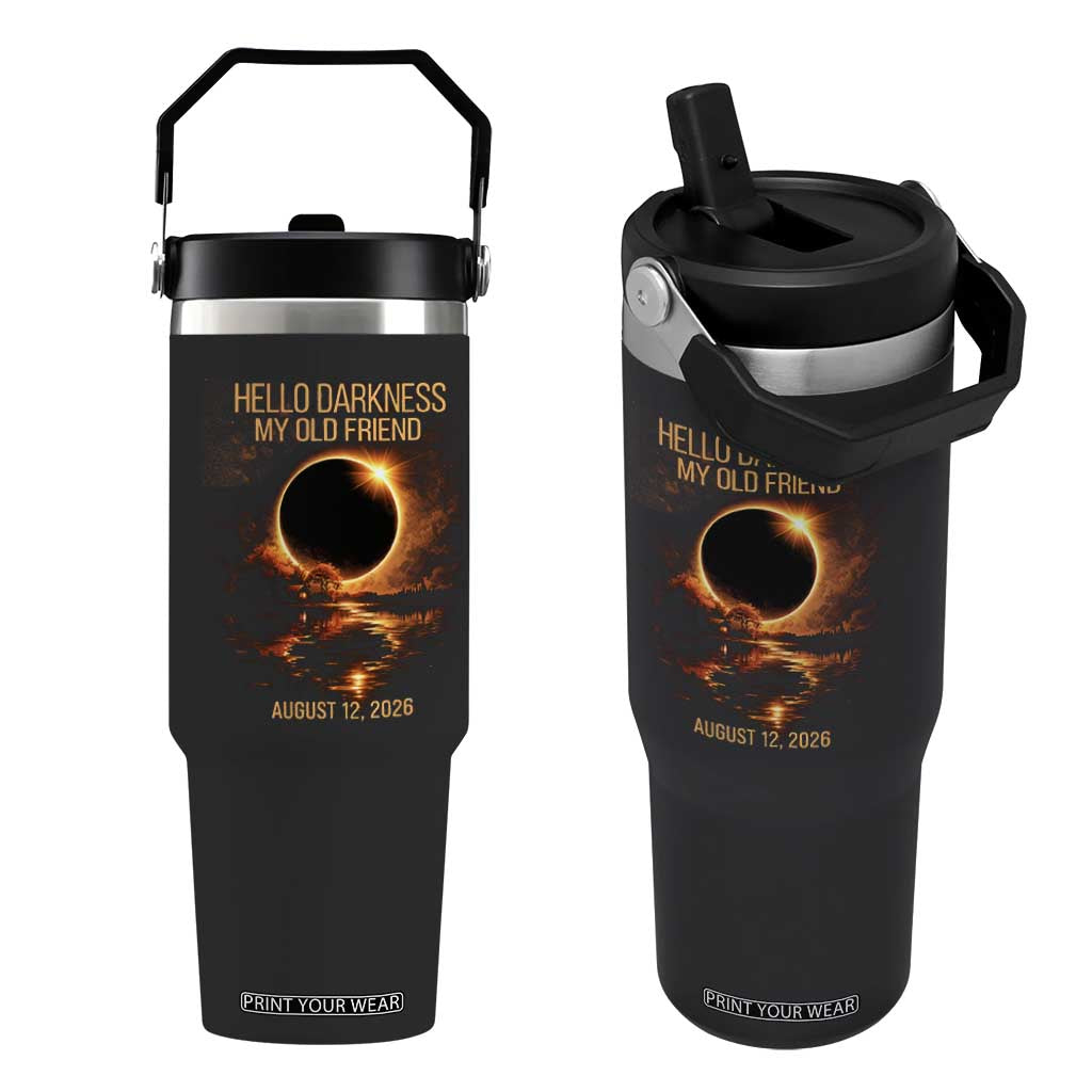 Solar Eclipse 2026 Flip Straw Tumbler Hello Darkness 12 August 2026 Totality Gift TS10 One Size: 30 oz Black Print Your Wear