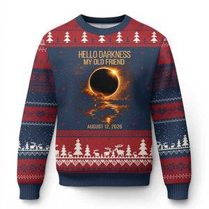 Solar Eclipse 2026 Ugly Christmas Sweater Hello Darkness 12 August 2026 Totality Gift TS10 Navy Red Print Your Wear