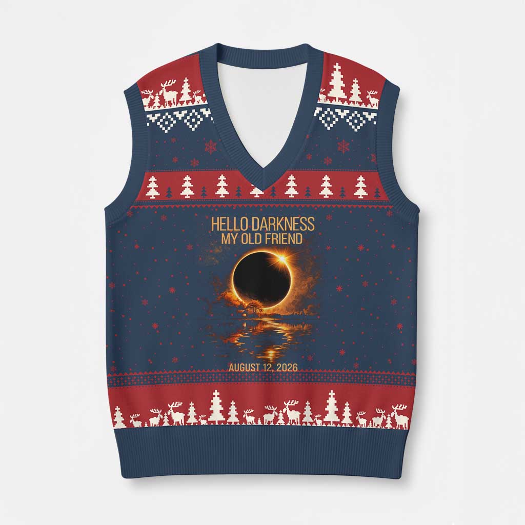 Solar Eclipse 2026 V-Neck Knit Sweater Vest Hello Darkness 12 August 2026 Totality Gift TS10 Navy Red Print Your Wear