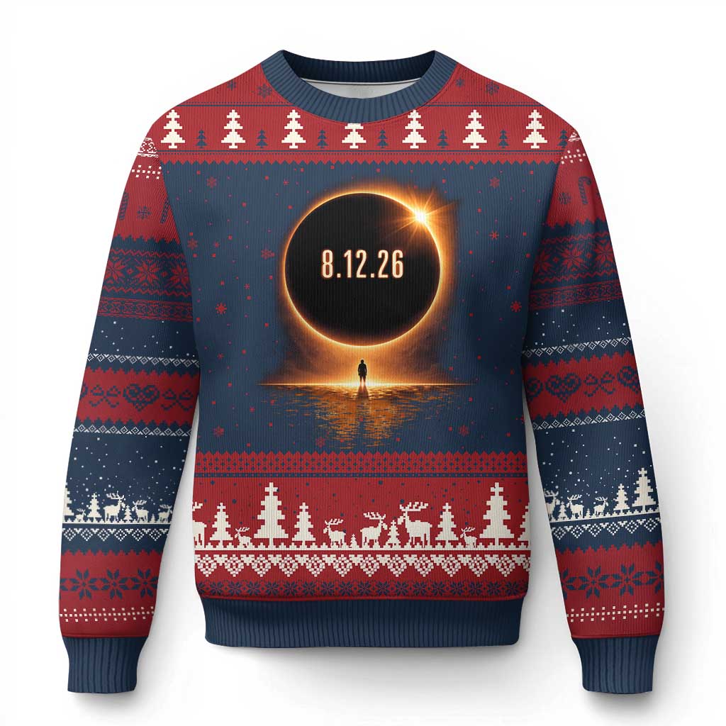 Total Solar Eclipse 2026 Ugly Christmas Sweater August 12th Totality Gift TS10 Navy Red Print Your Wear