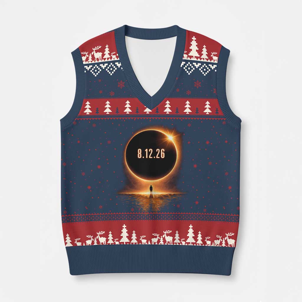 Total Solar Eclipse 2026 V-Neck Knit Sweater Vest August 12th Totality Gift TS10 Navy Red Print Your Wear