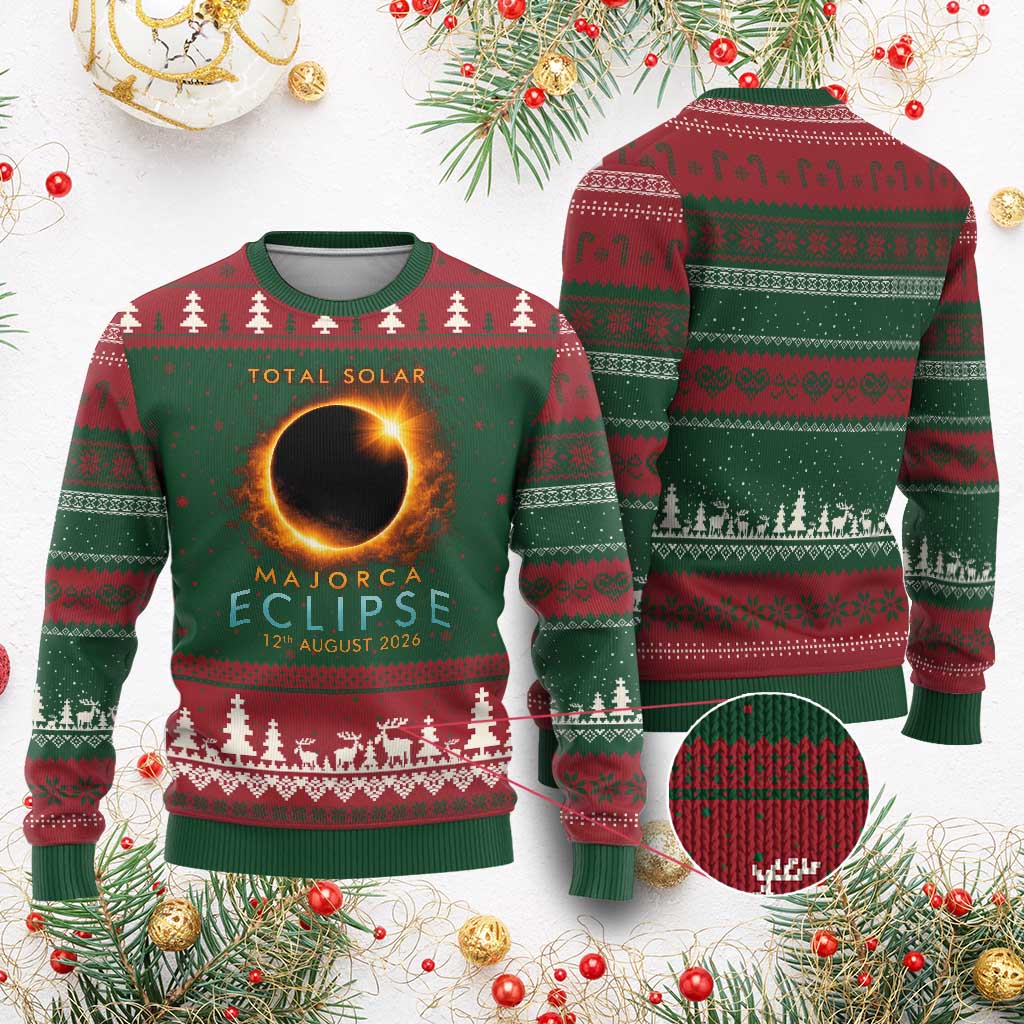 Total Solar Eclipse Ugly Christmas Sweater 12th August 2026 Majorca Totality TS10 Red Green Print Your Wear