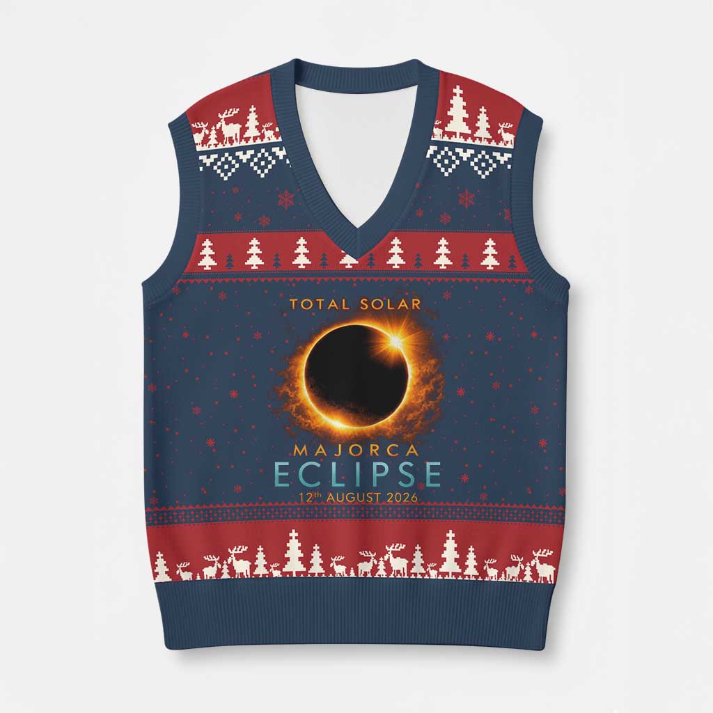 Total Solar Eclipse V-Neck Knit Sweater Vest 12th August 2026 Majorca Totality TS10 Navy Red Print Your Wear