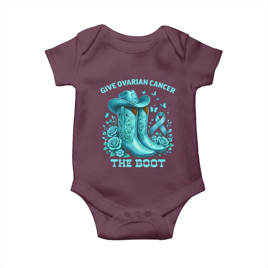 Give Ovarian Cancer The Boot Baby Onesie Cowgirl Cancer Awareness Teal Ribbon TS10 Maroon Print Your Wear