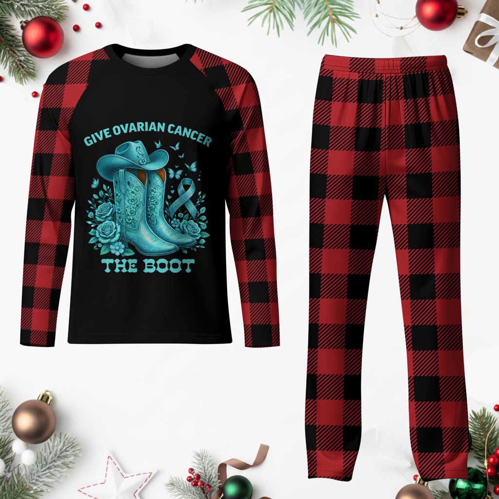 Give Ovarian Cancer The Boot Plaid Pajama Set Cowgirl Cancer Awareness Teal Ribbon TS10 Buffalo Plaid Print Your Wear
