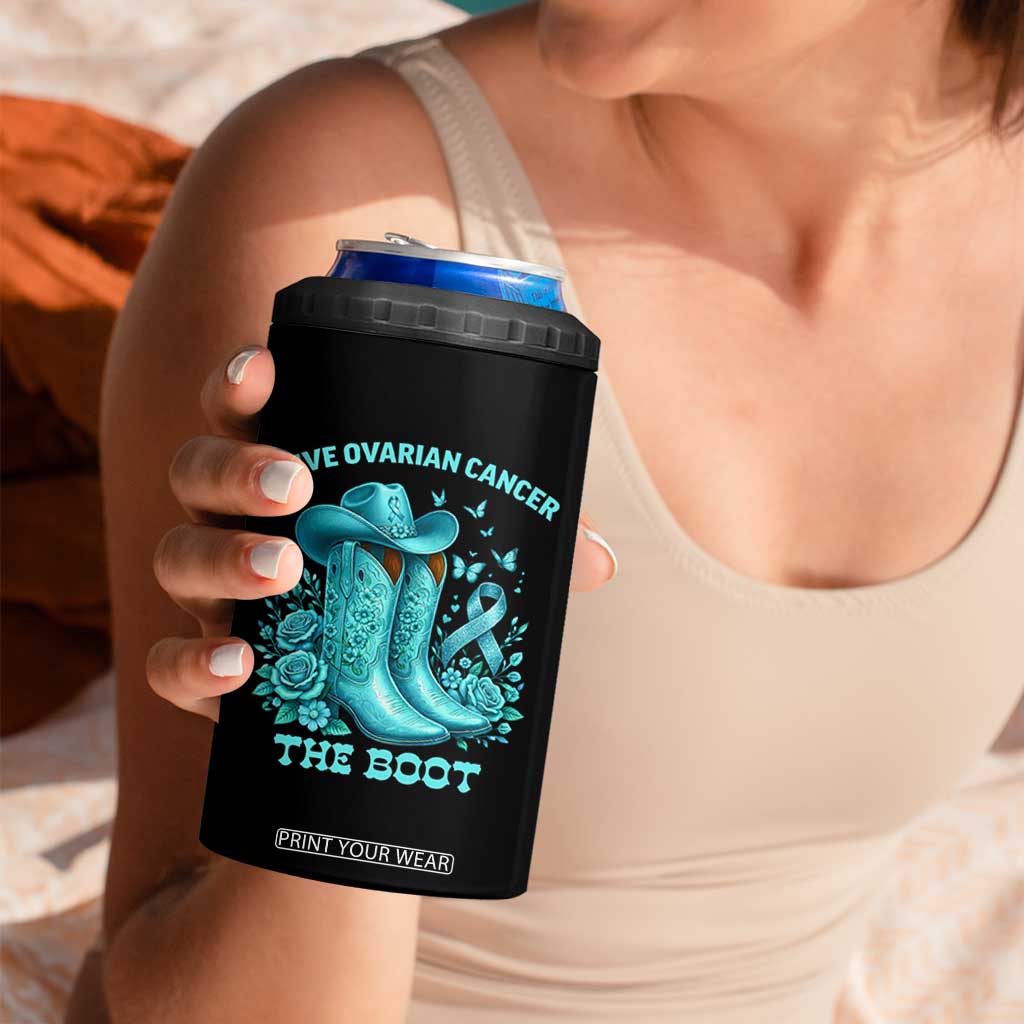 Give Ovarian Cancer The Boot 4 in 1 Can Cooler Tumbler Cowgirl Cancer Awareness Teal Ribbon TS10 Print Your Wear