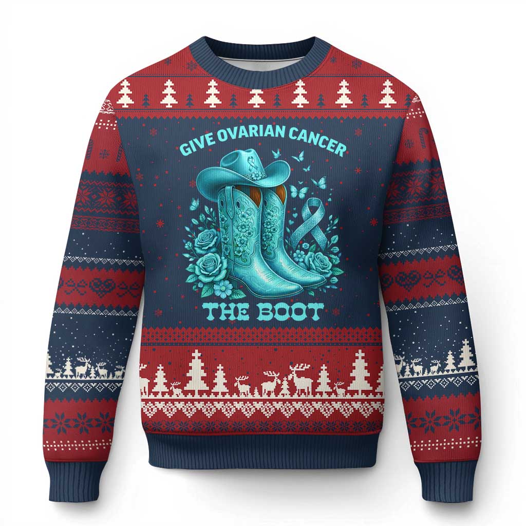 Give Ovarian Cancer The Boot Ugly Christmas Sweater Cowgirl Cancer Awareness Teal Ribbon TS10 Navy Red Print Your Wear