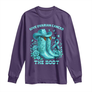 Give Ovarian Cancer The Boot Long Sleeve Shirt Cowgirl Cancer Awareness Teal Ribbon TS10 Purple Print Your Wear