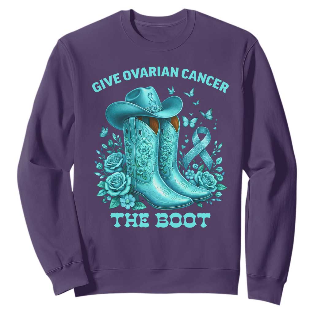 Give Ovarian Cancer The Boot Sweatshirt Cowgirl Cancer Awareness Teal Ribbon TS10 Purple Print Your Wear