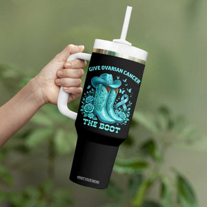 Give Ovarian Cancer The Boot Tumbler With Handle Cowgirl Cancer Awareness Teal Ribbon TS10 Print Your Wear