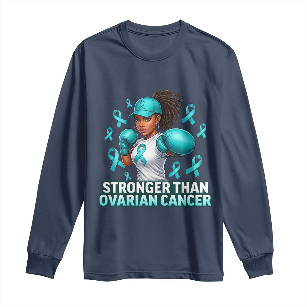 Black Women Fight Ovarian Cancer Awareness Long Sleeve Shirt African American Teal Ribbon Support TS10 Navy Print Your Wear