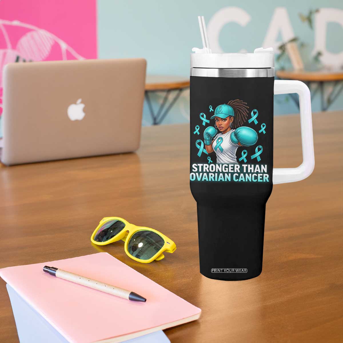 Black Women Fight Ovarian Cancer Awareness Tumbler With Handle African American Teal Ribbon Support TS10 Print Your Wear